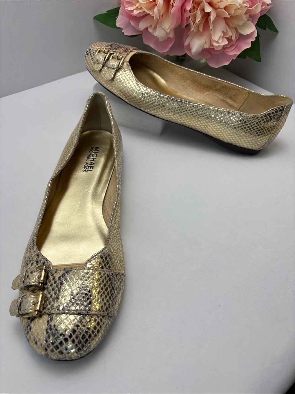 Michael Kors Womens 9.5 Metallic Gold Snake-Embossed Ballet Flats‎ #720